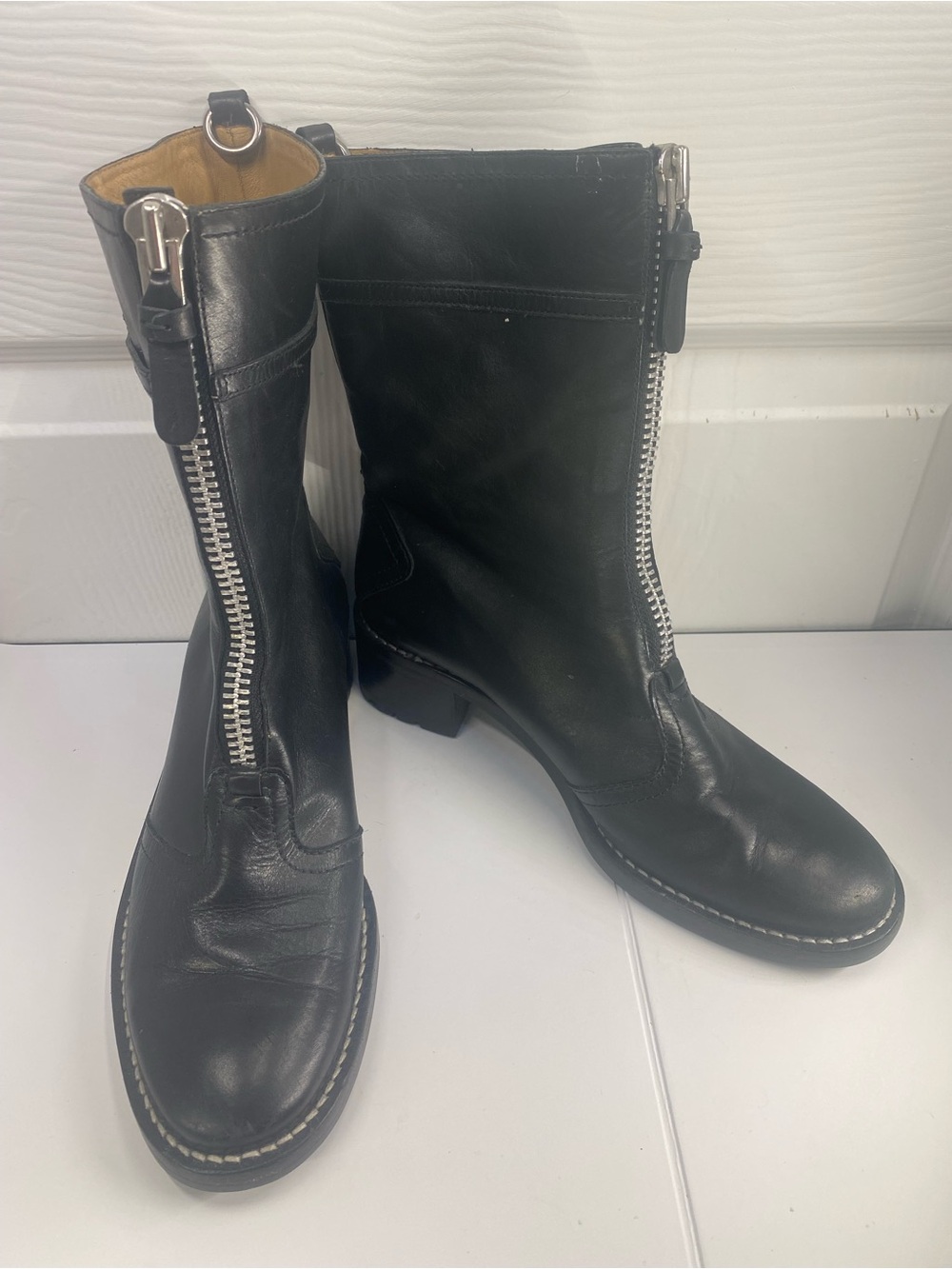 Cole Haan 8 Black Leather Mid-Calf Zipper Heeled Boots